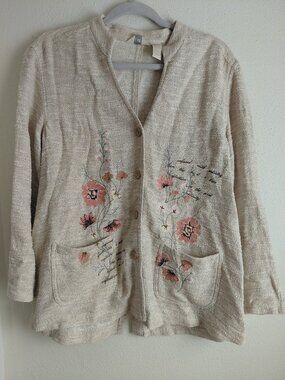 Vintage J Jill Embroidered Linen Cotton Cardigan Floral XS Petite Cottage Granny